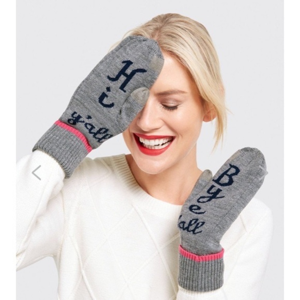 Draper James Mittens Hi Y’all Bye Y’all merino wool gray navy pink texting